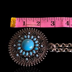 Vintage Large Imitation Turquoise Open Work Cut Out Medallion Necklace 32in