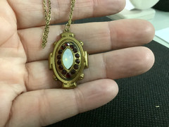 VTG/Antique brass?Czech? Garnet rhinestones Opalite glass pendant necklace 18″