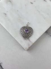 Vintage 925 Sterling Silver Deco Marcasite Purple Amethyst Heart Pendant