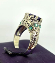Faux Purple Amethyst Green Opal Filigree Silver Cocktail Ring Marked 925 SZ 7.25