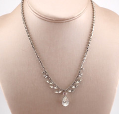 Vintage Dainty Clear Rhinestone Navette Teardrop Dangle 16 1/2″ Adj Necklace