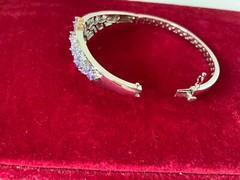RARE NATURAL TANZANITE DIAMOND FLOWER STERLING 7 1/2” BANGLE BRACELET NEW