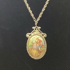 Large Beautiful Vintage LIMOGES FRANCE Cameo Necklace Courting Couple Porcelain