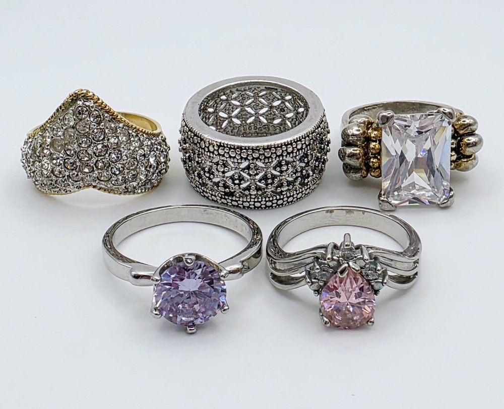 Vintage Ring Lot 5 Pc Estate Rhinestone Crystal Costume Wearable Craft Harvest