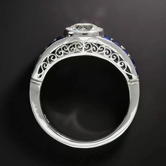 Art Deco Style Round Lab Created Diamond & Sapphire 925 Silver Engagement Ring