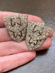 Antique Vintage Silver Plated Pot Metal & Pave Crystal/Rhinestone Dress Clips