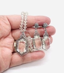 Art Deco Faceted Glass Rhodium Filigree Necklace & Earrings Vintage Jewelry