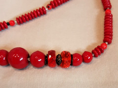 Necklace, Vintage Red glass & plastic beads separated by metal discs