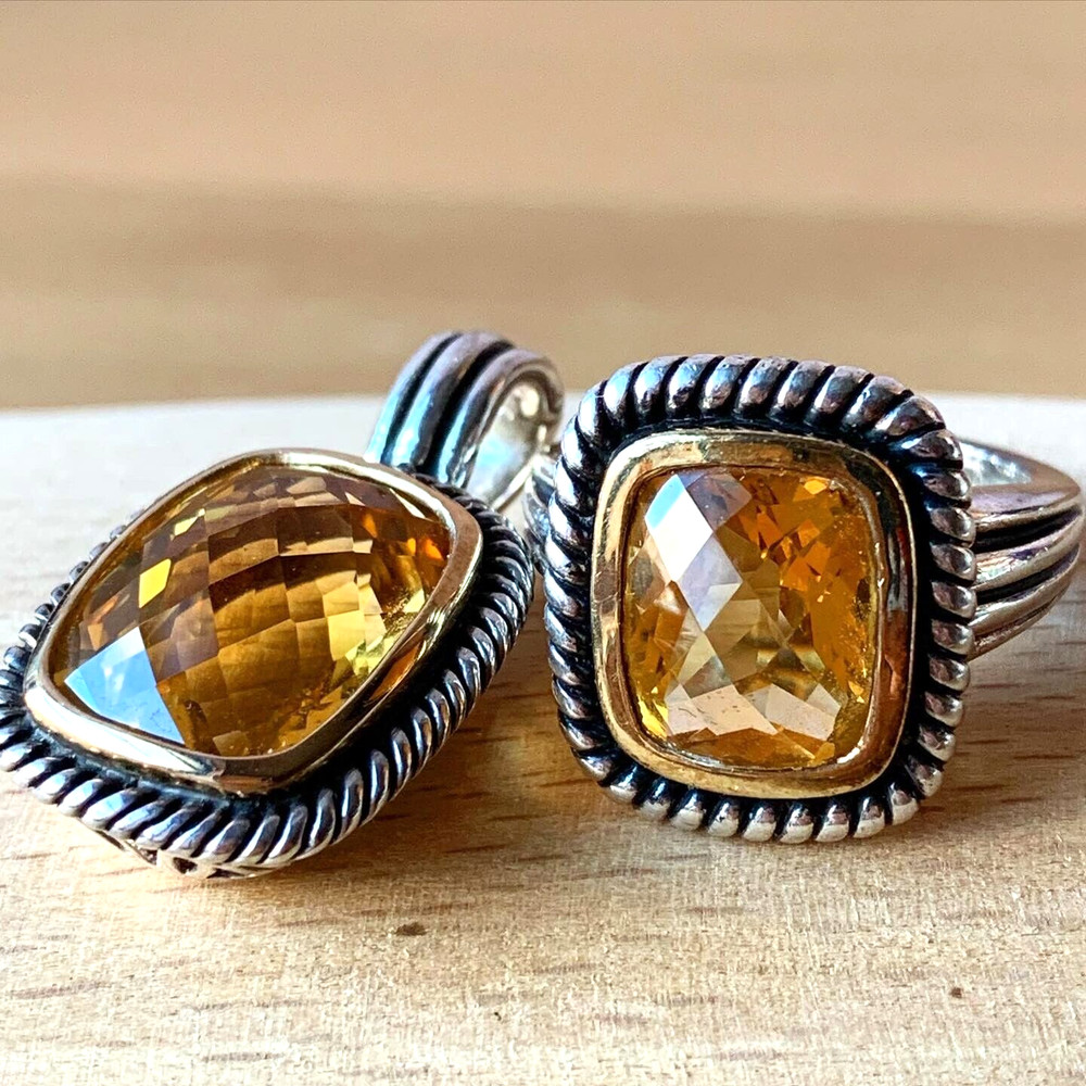 MICHELLE ALBALA LARGE CITRINE QUARTZ RING & PENDANT NECKLACE ENHANCER SET 925 SS