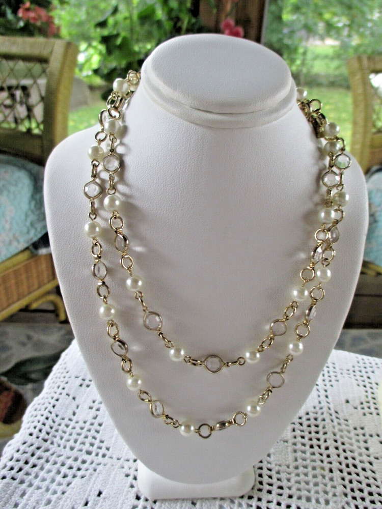 28″ CRYSTAL FAUX PEARL NECKLACE BY MEDICI TWO SISTERS VINTAGE
