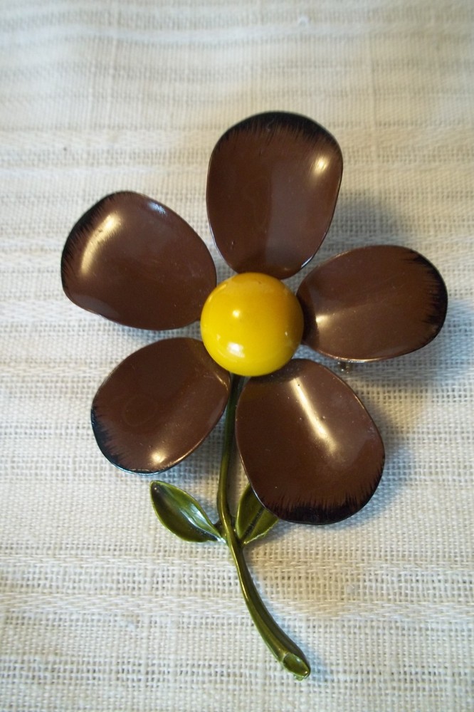 Vintage Yellow & Brown Enamel Flower Brooch