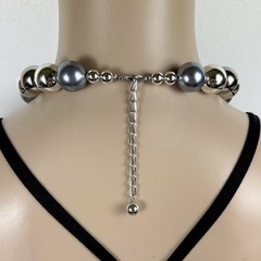 Vintage Shiny Gray and Silver Color Bead Necklace Chunky