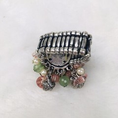 Vintage Fashion Ring Floral Beaded Silver Tone Elastic Band One Size Fits All
