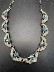 Vintage Aurora Borealis Blue Rhinestone Choker Necklace Silver Tone Textured MCM