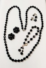 Vtg Black Crystal Glass Beads 2 Pr Earrings Bracelet & Necklace Goth Victorian
