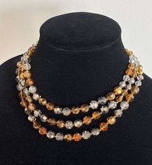 Vintage Crystal Necklace Layered Triple Multi Strand Smoky Gray Gold AB Marvella