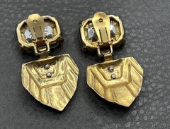 Vintage Runway Art Deco Style Crystal Drop Clip On Earrings Gold Tone Chunky