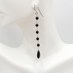 Black Onyx Bead Shoulder Duster Long Linear Silver Tone Pierced Hook Earrings