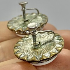 Vtg Channel Set Rhinestone Halo White Cabochon Brass Huggie Earrings Screwback