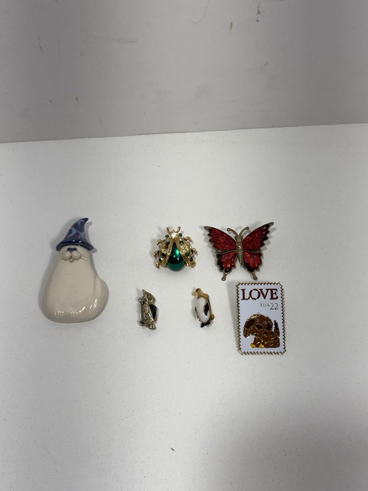 Vintage Brooch Pin Lot 6 Bug Green Cat Owl Penguin Butterfly Rhinestones Animals