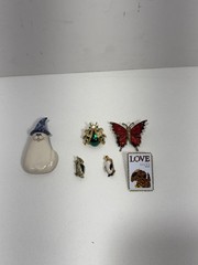 Vintage Brooch Pin Lot 6 Bug Green Cat Owl Penguin Butterfly Rhinestones Animals