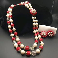 Vintage earrings necklace set nautical cluster clip ons red white beads READ