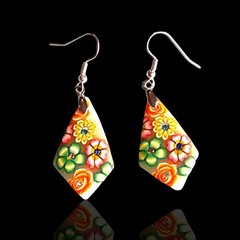 Vintage Groovy Polymer Clay Rhinestone Flower Floral Dangle Drop Hook Earrings