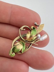 Antique Art Nouveau 14k Yellow Gold Diamond & Pearl Enamel Flower Brooch 5.8g