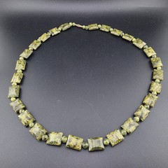 Rare Vintage Chunky Russian Serpentine Green Carved Stone Beads 25″ Necklace