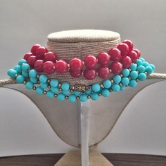 Vintage Red Lucite 30″ & Turquoise Acrylic Bead 60″ Necklace Lot opera Boho