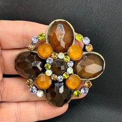 Vintage Rhinestone Brooch Brown Orange Gold Tone READ