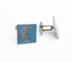 925 Sterling Silver Vintage Blue Enamel Design Bullet Back Cuff Links TR1253