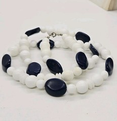 Geometric Beaded Necklace White Blue Asymmetrical shapes Silver tone 33 in