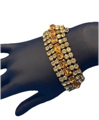 Vintage Amber Rhinestone Bracelet Gold Tone Triple Row Glows Green UV Reactive