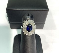 18K White Gold 2.95ctw Oval Sapphire & Tapered VS Baguette Diamond Ring