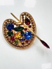 Vintage Weiss Brooch Pin Red Blue Green Rhinestone Artist Painters Palette ￼