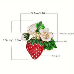Floral Strawberry Brooch Golden-Plated Zinc Alloy Rhinestone Accents