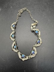 Vintage Aurora Borealis Blue Rhinestone Choker Necklace Silver Tone Textured MCM