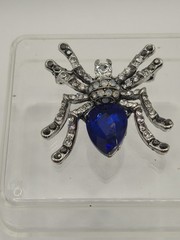 Clear And Blue Rhinestone And Glass Spider Brooch Unbranded