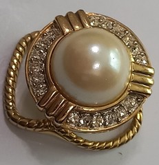 Vtg 1970s 1980s Scarf Slide Ring Gold Tone Large Pearl Cabochon Rhinestone Chunk