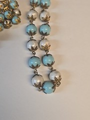 Vintage Crown Trifari 1950s Blue White Lucite Bead Necklace & Earrings Set Gold
