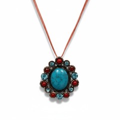 Vintage Red Lucite & Blue Crystal stud On Copper Tone Pendant Necklace