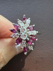 VINTAGE 14K WHITE GOLD RUBIES DIAMONDS CLUSTER SPRAY COCKTAIL RING STATEMENT