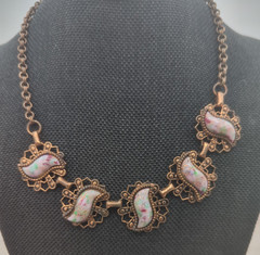 Copper Bib Necklace Turquoise Tone Lucite Cabochon Sparkle Glitter Vintage