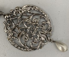 VTG Silver Tone Large Medallion Necklace Faux Pearl Teardrop Accent Avon 1974