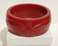 Chunky Burgundy Red Bangle Bracelet Carved Molded Modernist Resin Flowers