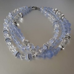 MCM VTG Choker Necklace & Earring Set Frosted Blue Multi-layer Chunky Statement