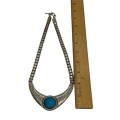 BIB 20” Necklace Silver Metal Bead Turquoise Plastic Stone Fashion Jewelry Gift