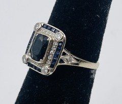 Antique 18k White Gold Art Deco Sapphire & Diamond Ring Size 5.5
