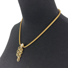 MESH gold-tone pendant necklace – vintage white milk glass & rhinestone drops